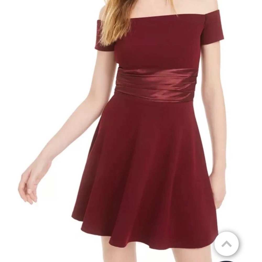 B Darlin Off-Shoulder Burgundy Mini Dress
